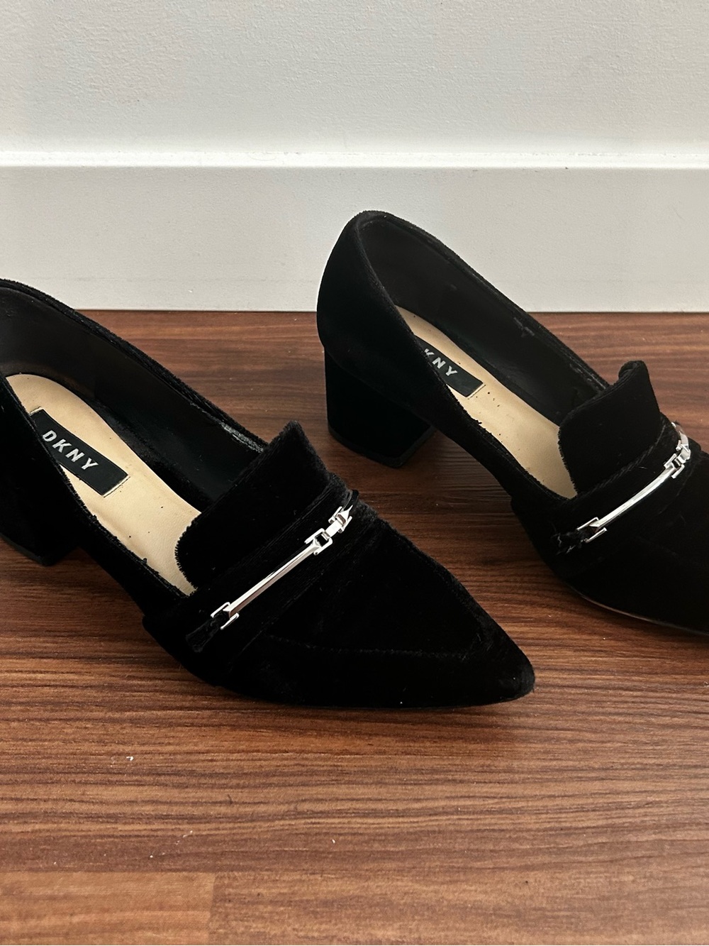 DKNY Black Velvet Pointed Toe Loafers with Silver Accent